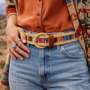 VTG Ethnic Handmade Serape Mexican Guatemalan Leather Unisex Western Belt Sz S/M